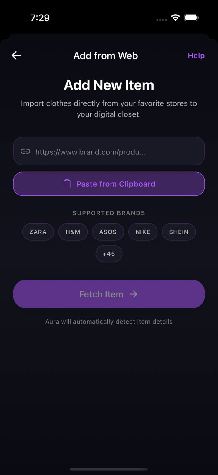 Aura screen for selecting a clothing input